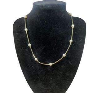 gold chain necklace with spaced out white faux pearls EUC